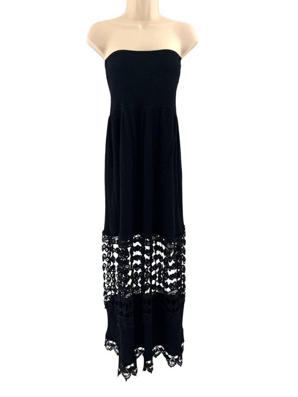 Justify Black Strapless Smocked Crocheted Maxi Dress Size L Sexy Summer Wedding - Picture 2 of 10